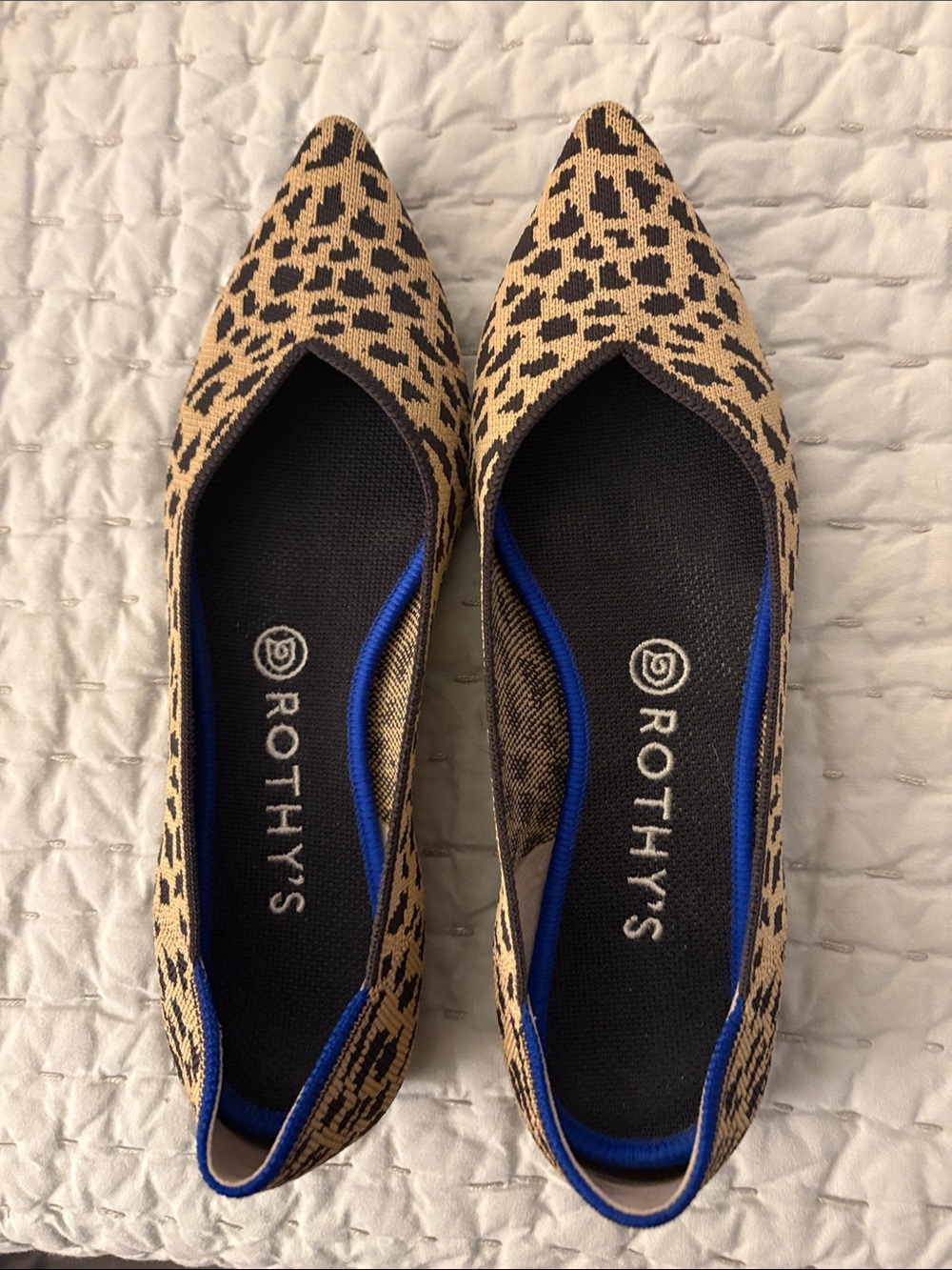 Rothy's Leopard Print Pointed-Toe Flats in Tan and Black with Blue Trim